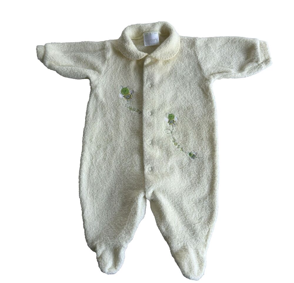 Vtg Carter’s Sleeper Pale Yellow Snaps BUMBLE BEES BUZZ Soft Terry Cloth 0-3M